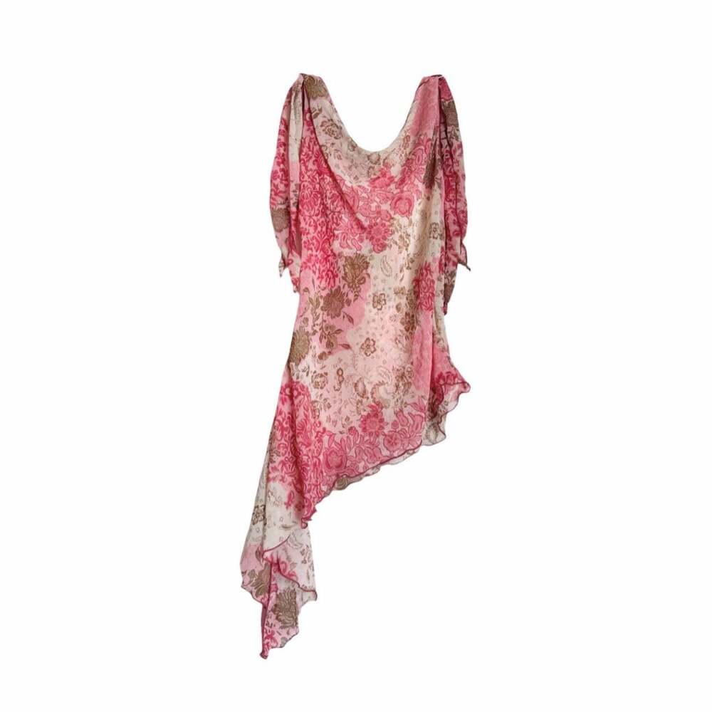 VTG Y2K NWOT sheer fairy floral cowl neck top with asymmetrical hem